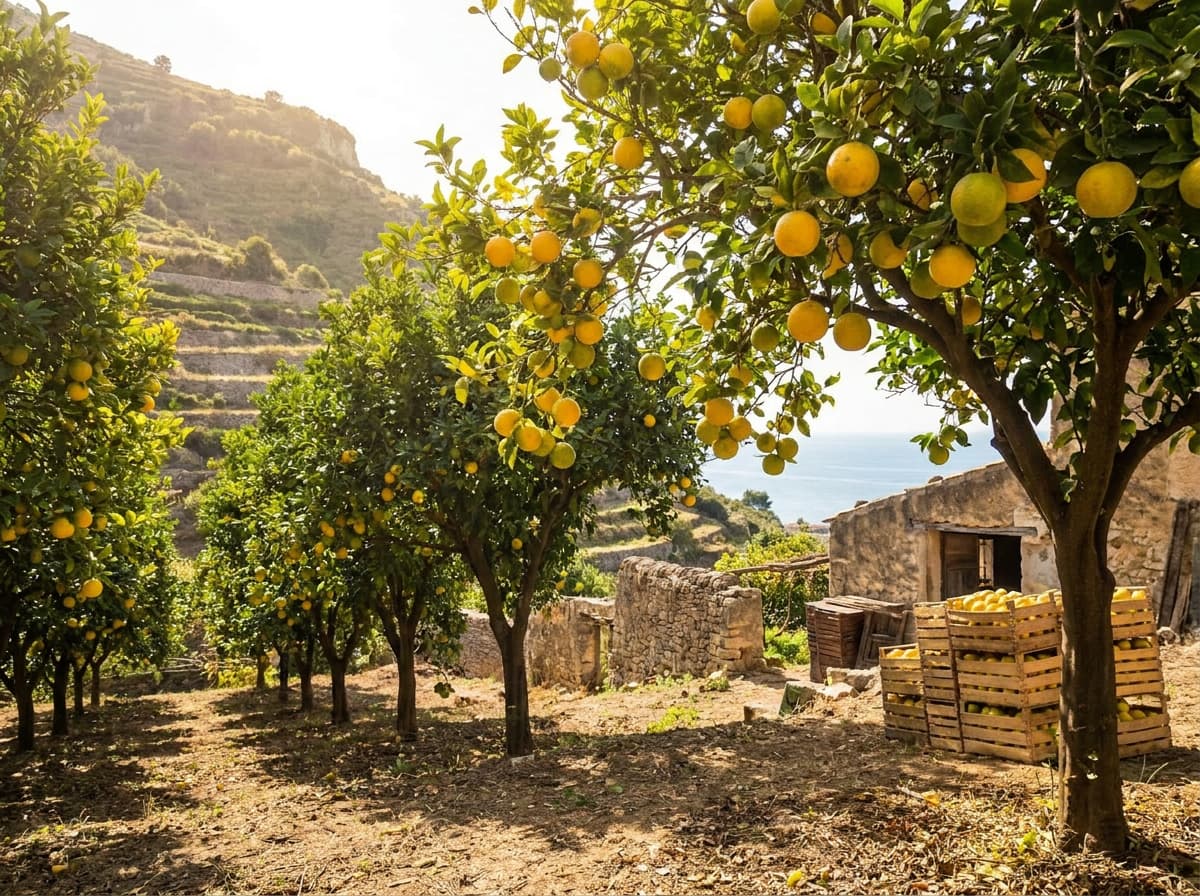A bergamot orchard in Reggio Calabria, Italy — overlooking the Mediterranean